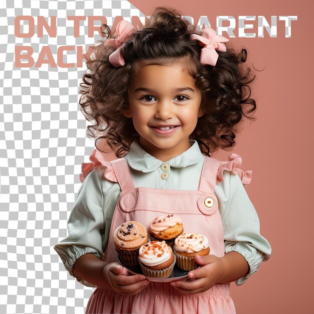 PSD a overwhelmed preschooler girl with wavy hair from the mongolic ethnicity dressed in baking pastries attire poses in a one hand on waist style against a pastel coral background