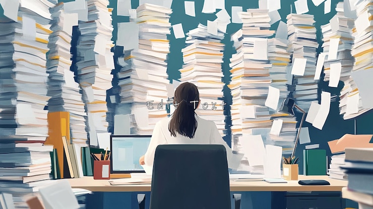 PSD overwhelmed woman at desk surrounded by massive paperwork piles