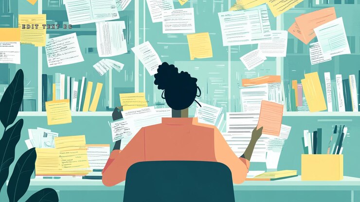 PSD overwhelmed woman surrounded by paperwork at desk