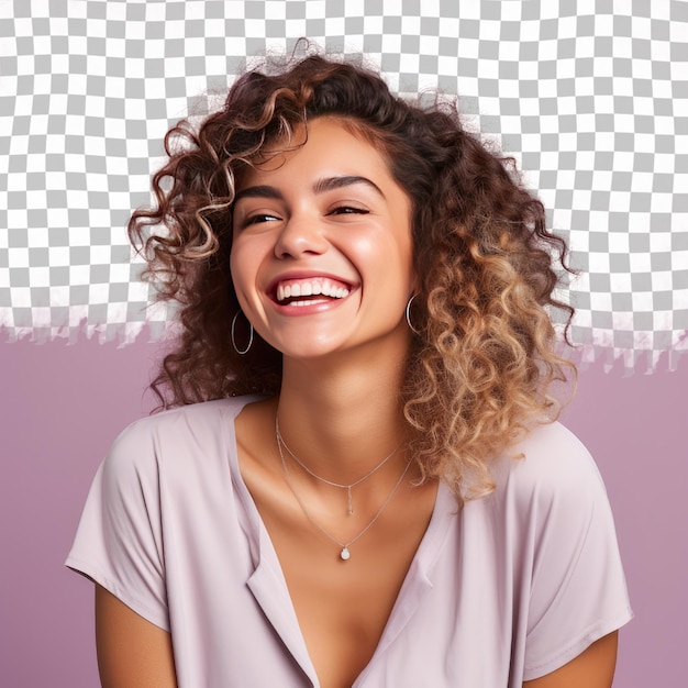 A overwhelmed young adult woman with curly hair from the hispanic ethnicity dressed in model attire poses in a playful laugh style against a pastel mauve background