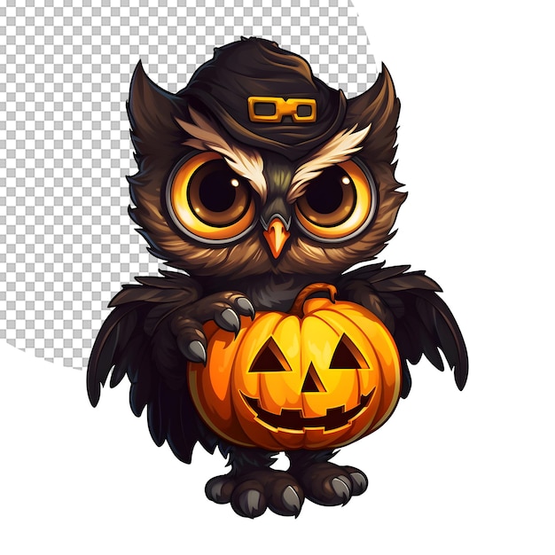 Owl baby toddler holding pumpkin illustration on transparent background