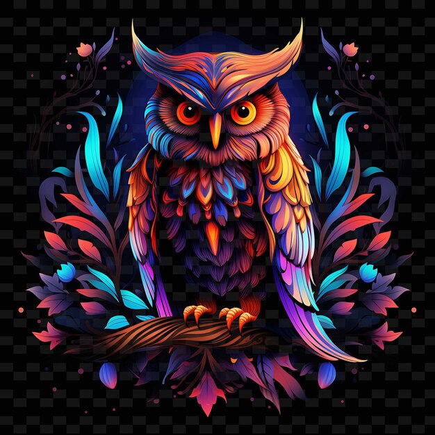 Owl enchanted forest angular neon lines moon feathers on bla png y2k shapes transparent light arts