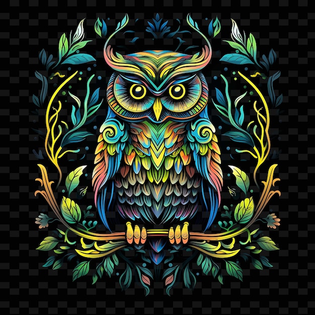 PSD owl enchanted forest angular neon lines moon feathers on bla png y2k shapes transparent light arts