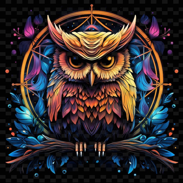 PSD owl enchanted forest angular neon lines moon feathers on bla png y2k shapes transparent light arts