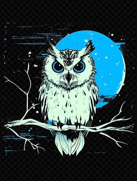 An owl sits on a branch with a blue moon in the background