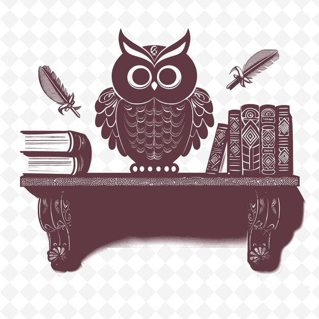 PSD an owl sits on a table with books and a book with a bird on the top