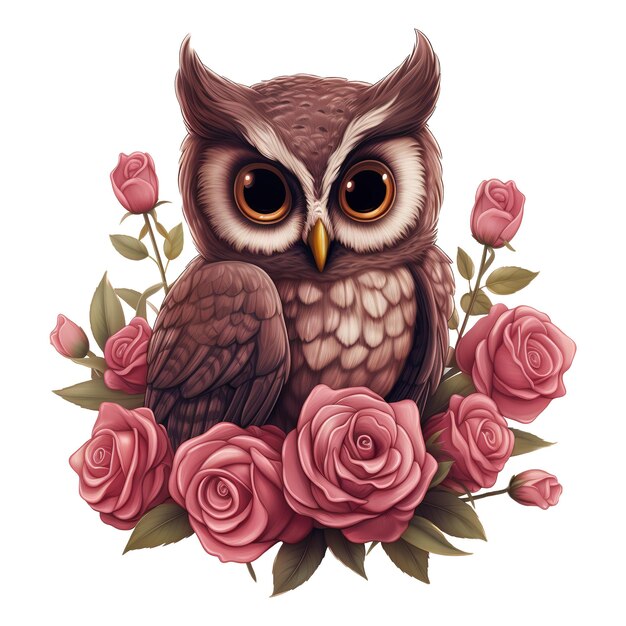 PSD owl sitting on a branch of roses ai generated image