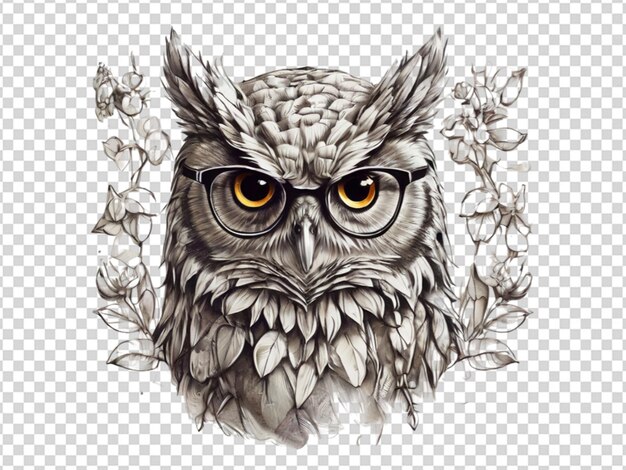 PSD owl wearing glasses line art on transparent background