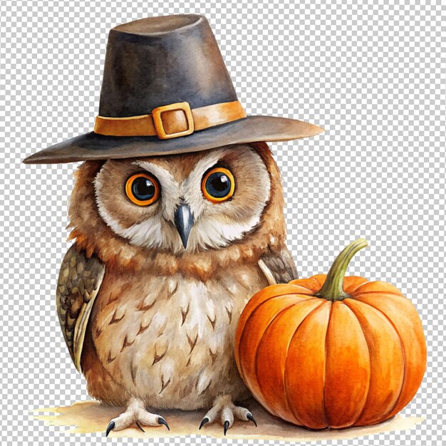Owl wearing pilgrim hat with pumpkin decoration on transparent background