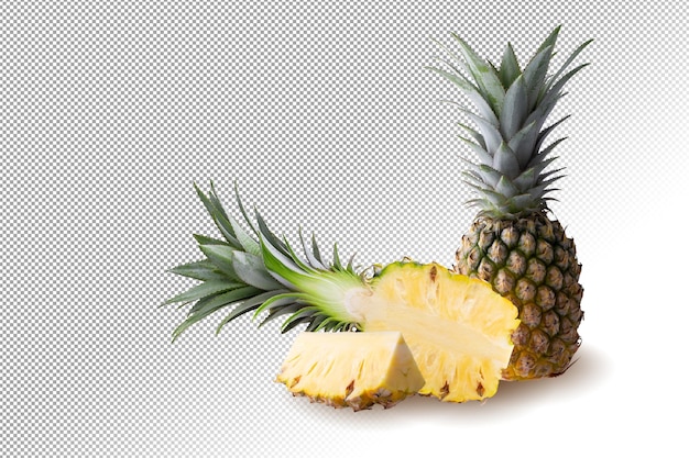 PSD owoce ananasa i plasterki ananasa na białym tle
