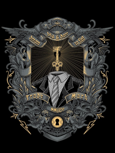 Ozdobny okultystyczny emblemat z kluczowymi i surrealistycznymi elementami