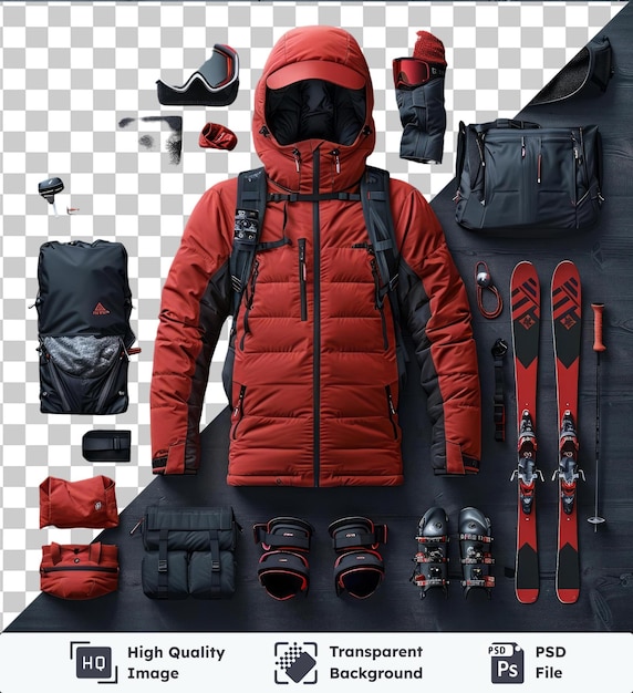 PSD p.s.d. beeld hoogwaardige ski- en snowboardtoerusting op een zwarte muur met een rode helm, zwart en rood jasje en zwarte en grijze rugzak