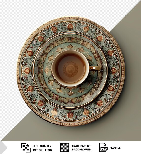 PSD p.s.d. imam bayildi filiżanka kawy i talerz na talerzu na białej ścianie