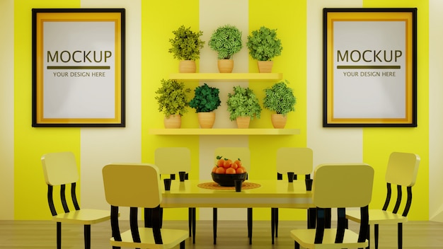 PSD paar frame mockup op moderne gele eetkamer muur met planten op wandplank