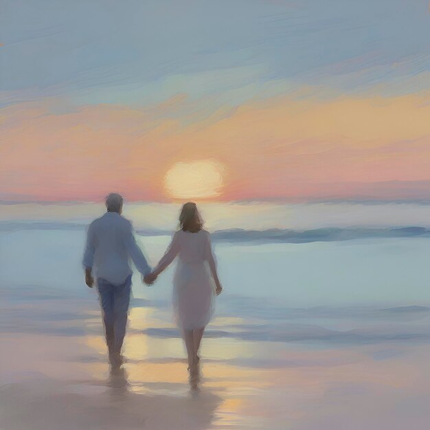 PSD paar hand in hand op het strand bij zonsondergang pastelkleuren in impressionistische stijl aigenerated