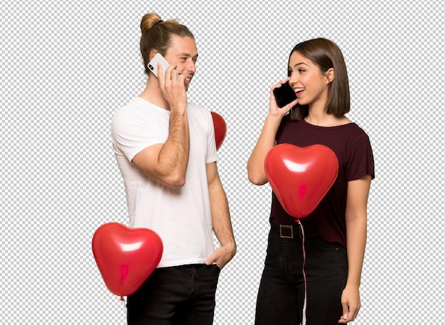 PSD paar in valentijnskaartdag die een gesprek met de mobiele telefoon houden