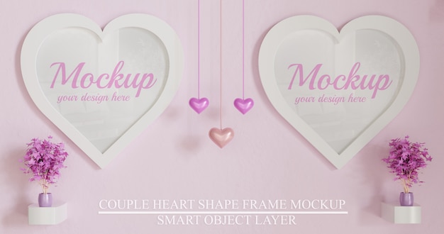 Paar witte hart vorm frame mockup op roze muur