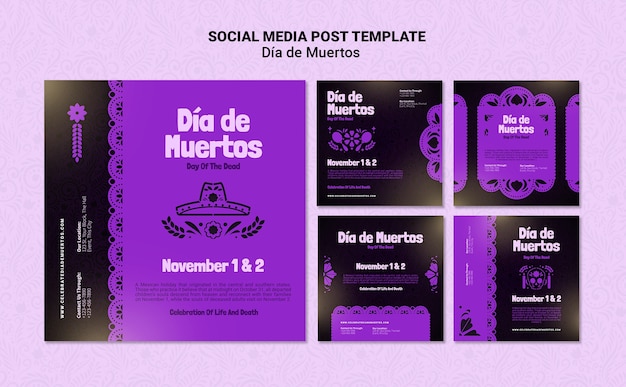 Paars dia de muertos social media posts pack