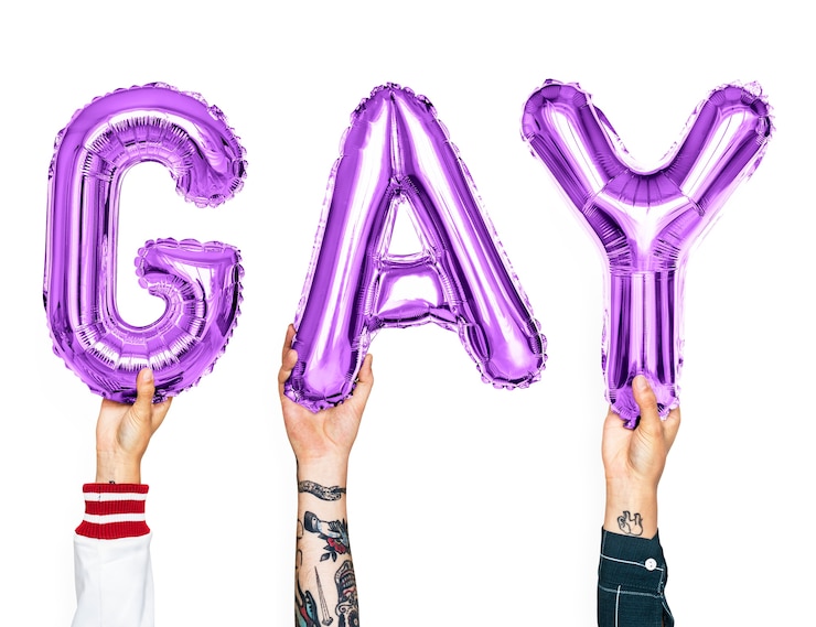 PSD paarse alfabetballons die het woord homosexueel vormen