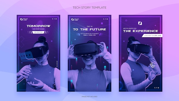 PSD paarse en blauwe vr en technologie social media story templates