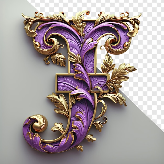 Paarse en gouden letter j in hyper gedetailleerde realistische 3d-rendering