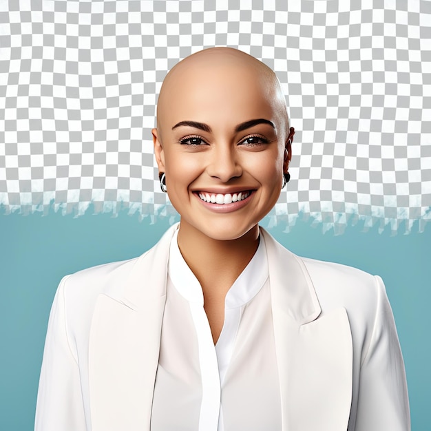 PSD pacific islander consultant serene smile bald chic eyes downcast young adult woman poses in pastel blue