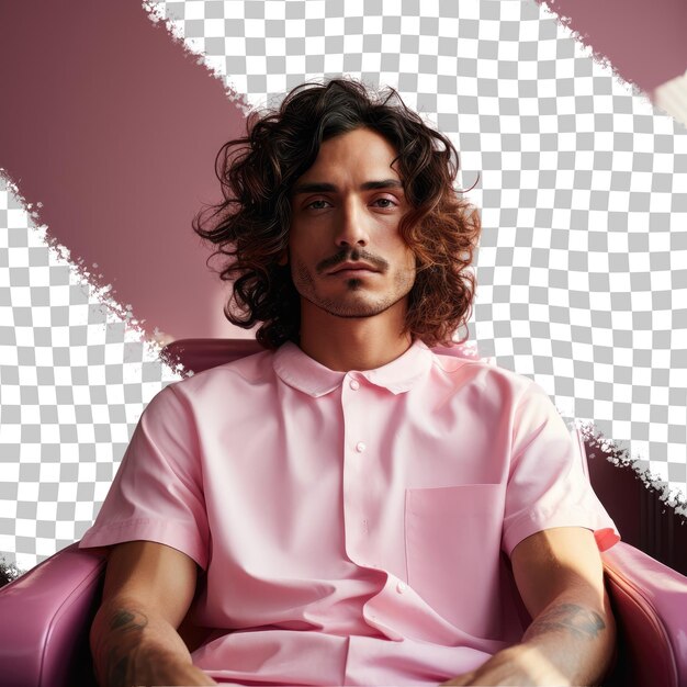 PSD pacific islander massage therapist melancholic man with wavy hair in laid back chair pose pastel rose