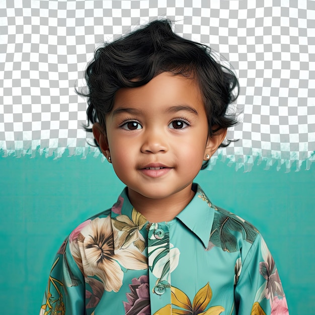 PSD pacific islander preschooler proud botanist in turquoise backdrop