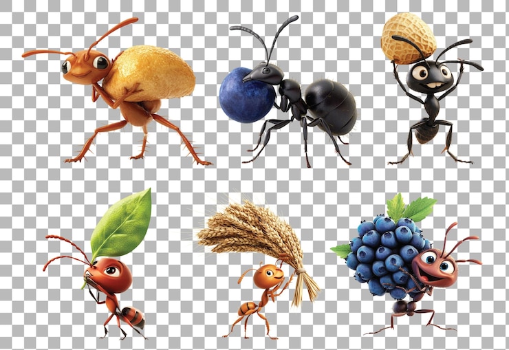 PSD pack of ants carrying wheat berry leave set against transparent background