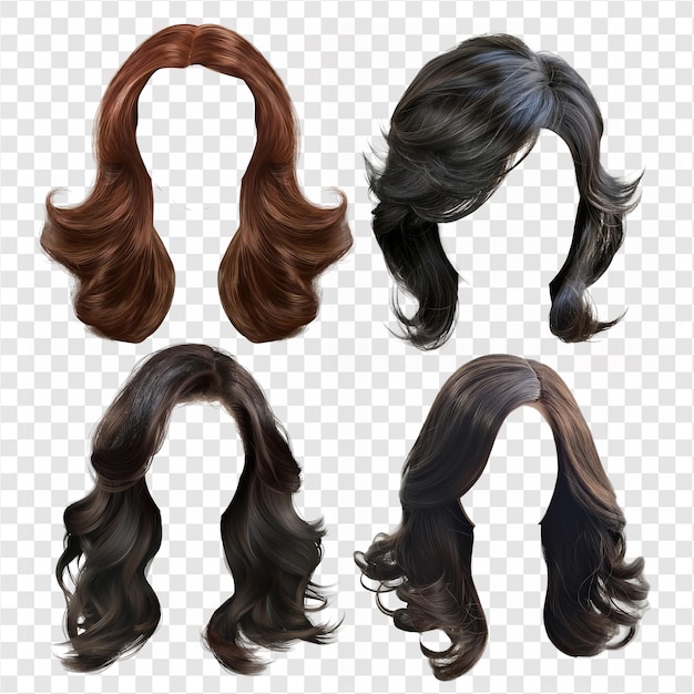 Pack of black brown woman hair wig on transparent background