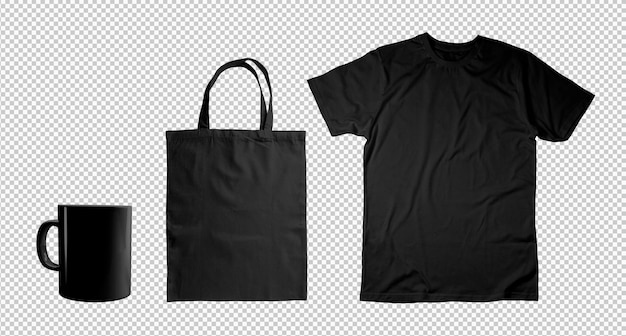 Pack of black Tshirt Tote Bag and Mug on transparent background