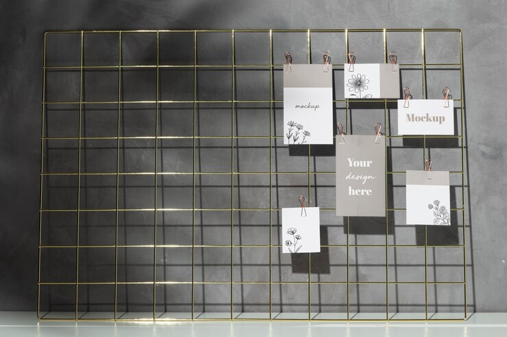 PSD pack of cards hanging on grid memo board with clips