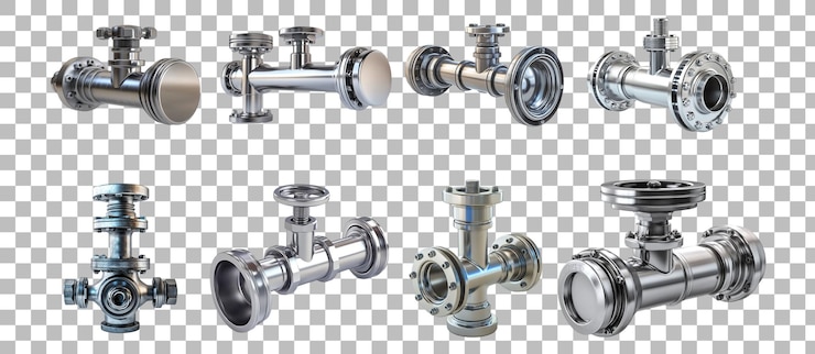 PSD pack png of a steel sanitary valve and pipe isolated set against transparent background
