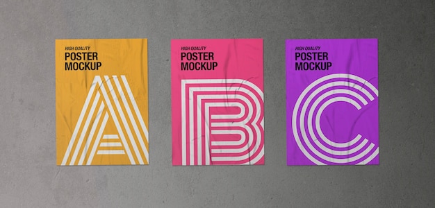 PSD confezione da tre mockup di poster stropicciati