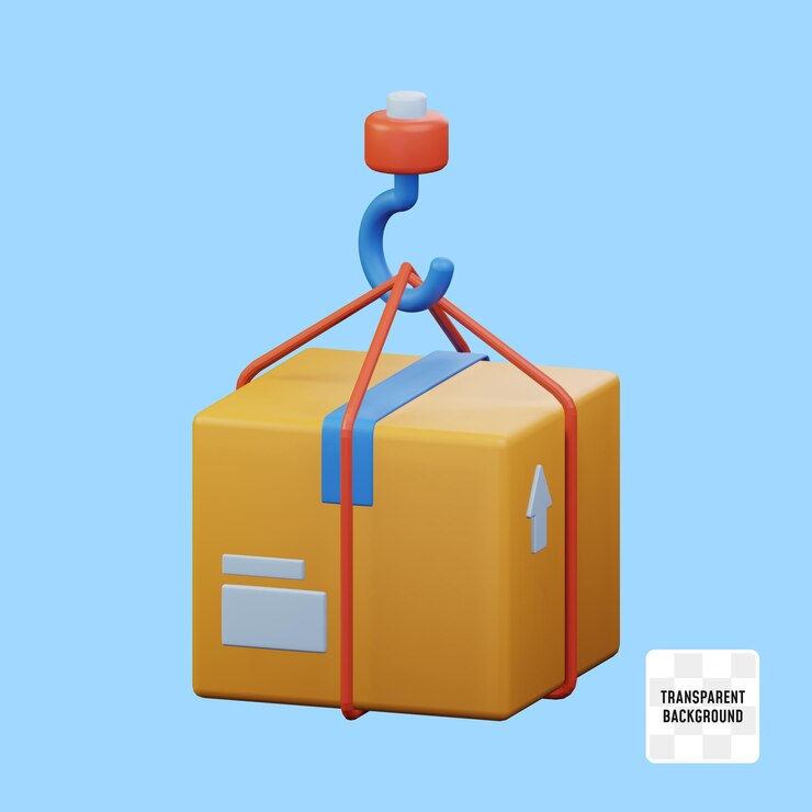 Package box lifted using pulley machine tool for packing shipment expedition 3d rendered icon illustration design