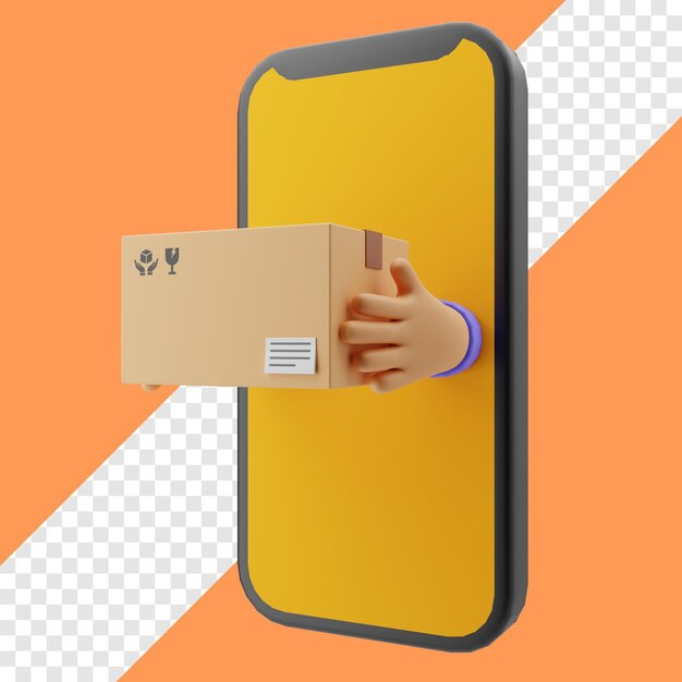 PSD package delivery from online shopping on smartphone 3d illustration rendering with transparent background