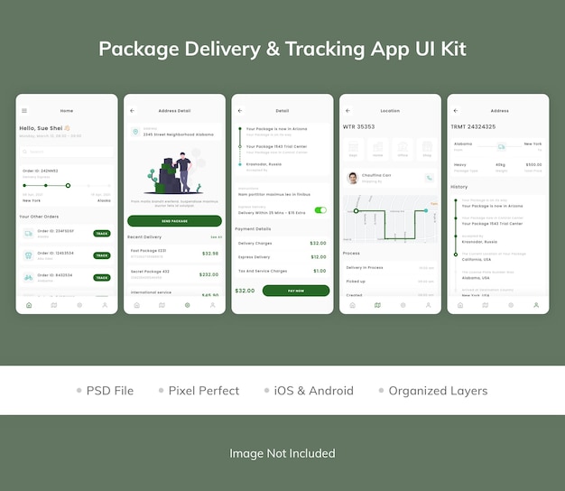 PSD kit di interfaccia utente dell'app per il monitoraggio della consegna dei pacchi