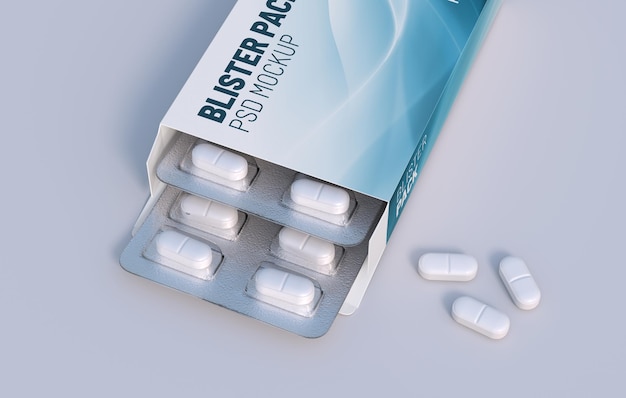 Pacchetto con due blister con pillole di medicinali modello di mockup rendering 3d