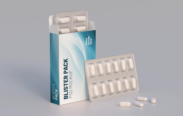 Package with two blisters with medicines pills mockup template 3d rendering