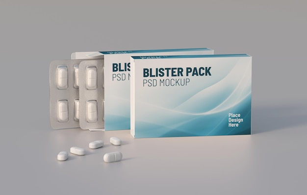 Package with two blisters with medicines pills mockup template 3d rendering