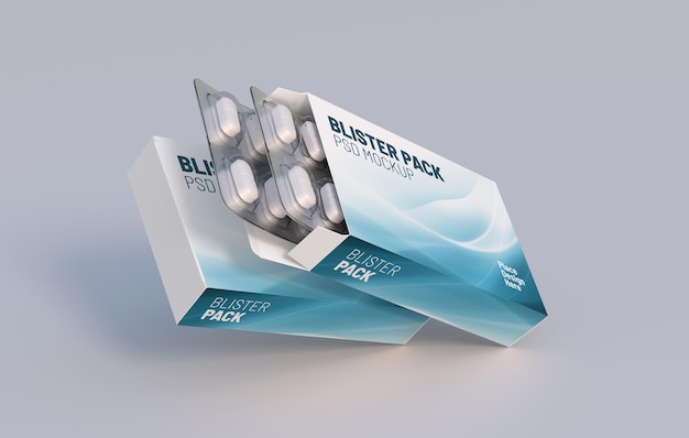 Pacchetto con due blister con pillole di medicinali modello di mockup rendering 3d