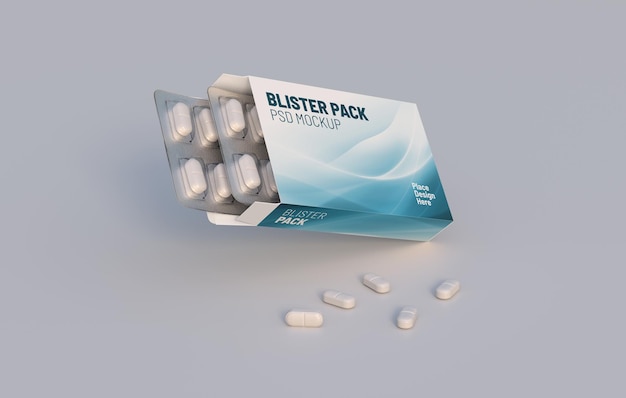 Pacchetto con due blister con pillole di medicinali modello di mockup rendering 3d