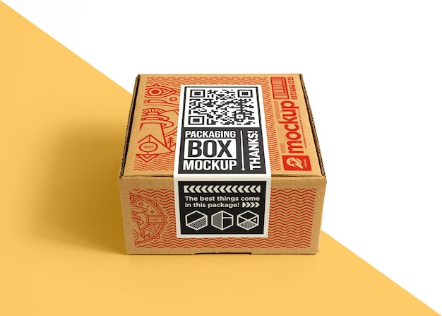 Packaging cardboard box with sticker label mockup