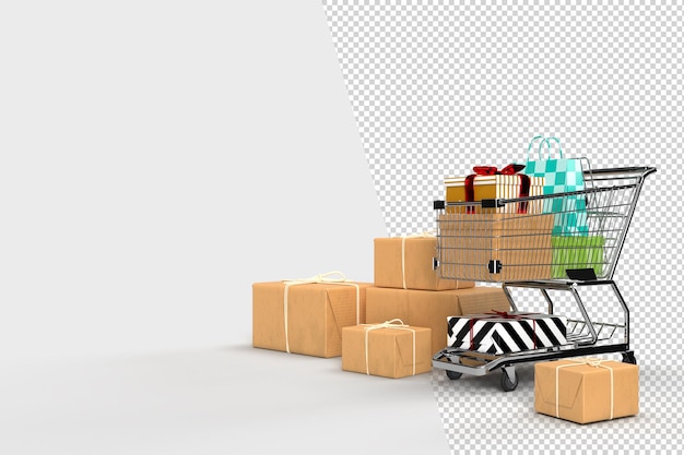 Packaging cardboard boxes paper with shopping carts. Delivery, cargo, logistic and transportation warehouse storage concept. 3D Rendering