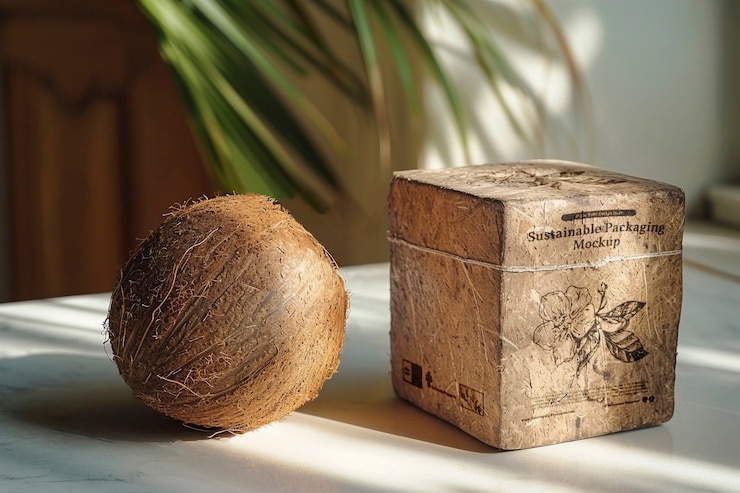 PSD packaging mockup with vegetables and fruits