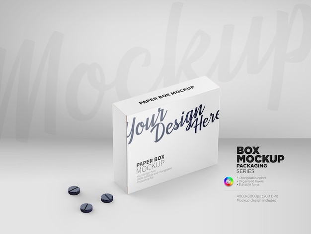 PSD packaging paper box mockup with medicine tablet