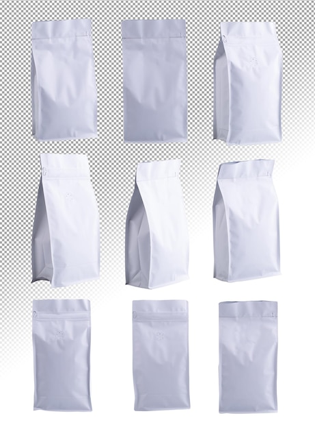 PSD アルファ背景に白いジップホイルプラスチック紙袋のパッケージテンプレートモックアップコレクション