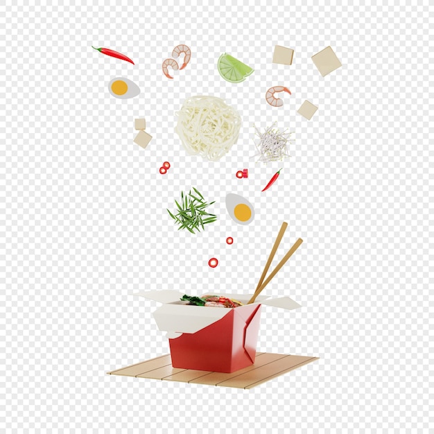 Pad thai noodles in box with falling ingredients isolated 3d illustration