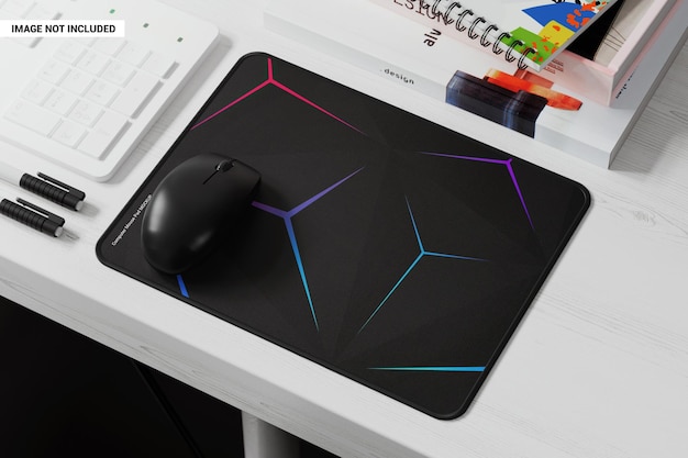 Pad with mouse on white wooden table mockup