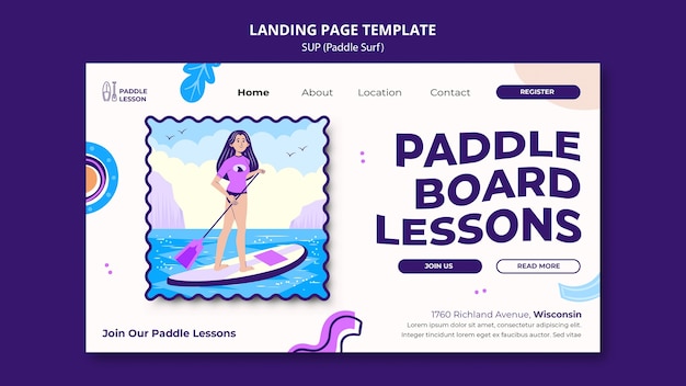 PSD modello di pagina di destinazione per paddle surf con forme astratte